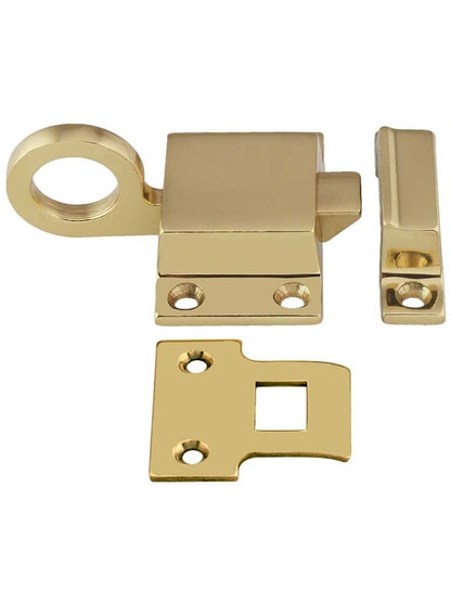 Solid-Brass Transom Window Latch with Box Strike in Polished Brass.